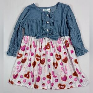 SHEA BABY Toddler Girls’ Chambray Denim Valentine’s Day Love Donut Dress Size 4T